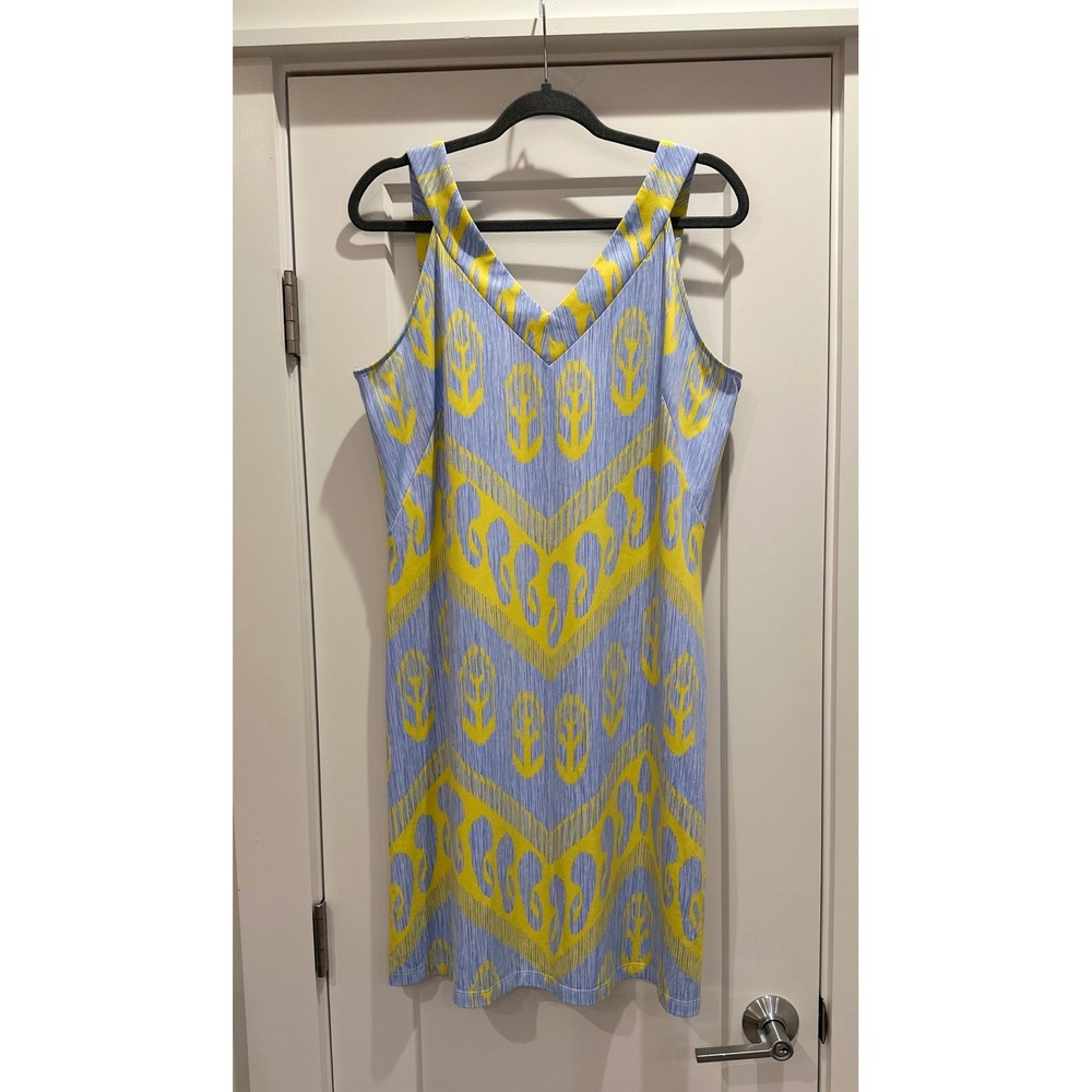J.McLaughlin Blue Yellow Ikat Chevron V-Neck Shift Dress Sleeveless Large‎